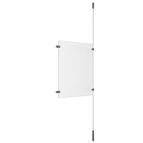(1) 11'' Width x 17'' Height Clear Acrylic Frame & (1) Ceiling-to-Floor Stainless Steel Satin Brushed Cable Systems with (2) Single-Sided Panel Grippers (2) Double-Sided Panel Grippers