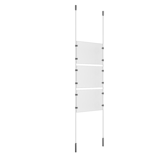 (3) 11'' Width x 8-1/2'' Height Clear Acrylic Frame & (2) Ceiling-to-Floor Stainless Steel Satin Brushed Cable Systems with (12) Single-Sided Panel Grippers