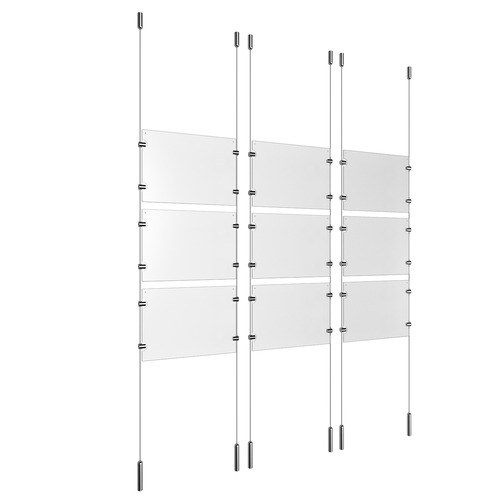 (9) 11'' Width x 8-1/2'' Height Clear Acrylic Frame & (6) Ceiling-to-Floor Stainless Steel Satin Brushed Cable Systems with (36) Single-Sided Panel Grippers