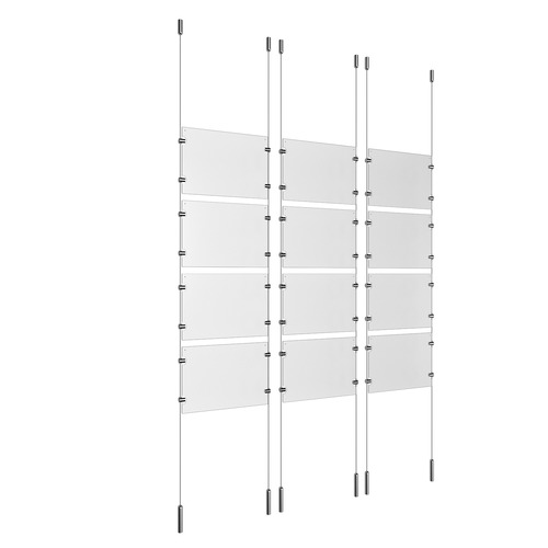 (12) 11'' Width x 8-1/2'' Height Clear Acrylic Frame & (6) Ceiling-to-Floor Stainless Steel Satin Brushed Cable Systems with (48) Single-Sided Panel Grippers