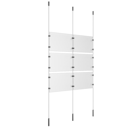 (6) 11'' Width x 8-1/2'' Height Clear Acrylic Frame & (3) Ceiling-to-Floor Stainless Steel Satin Brushed Cable Systems with (12) Single-Sided Panel Grippers (6) Double-Sided Panel Grippers