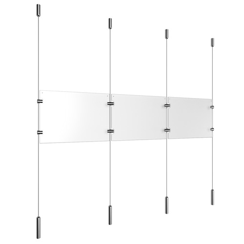 (3) 11'' Width x 8-1/2'' Height Clear Acrylic Frame & (4) Ceiling-to-Floor Stainless Steel Satin Brushed Cable Systems with (4) Single-Sided Panel Grippers (4) Double-Sided Panel Grippers