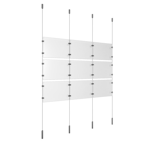 (9) 11'' Width x 8-1/2'' Height Clear Acrylic Frame & (4) Ceiling-to-Floor Stainless Steel Satin Brushed Cable Systems with (12) Single-Sided Panel Grippers (12) Double-Sided Panel Grippers