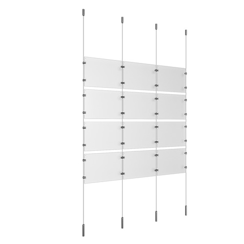 (12) 11'' Width x 8-1/2'' Height Clear Acrylic Frame & (4) Ceiling-to-Floor Stainless Steel Satin Brushed Cable Systems with (16) Single-Sided Panel Grippers (16) Double-Sided Panel Grippers