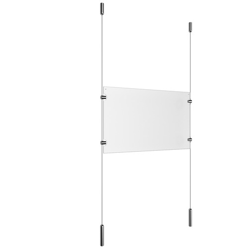 (1) 17'' Width x 11'' Height Clear Acrylic Frame & (2) Ceiling-to-Floor Stainless Steel Satin Brushed Cable Systems with (4) Single-Sided Panel Grippers