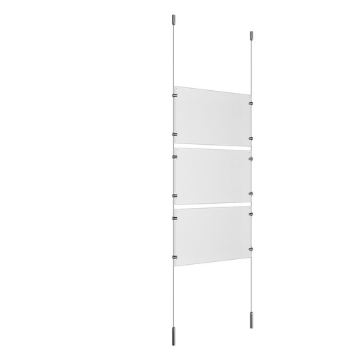 (3) 17'' Width x 11'' Height Clear Acrylic Frame & (2) Ceiling-to-Floor Stainless Steel Satin Brushed Cable Systems with (12) Single-Sided Panel Grippers