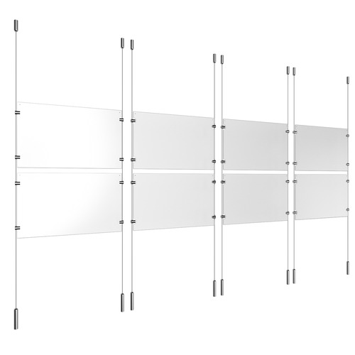 (8) 17'' Width x 11'' Height Clear Acrylic Frame & (8) Ceiling-to-Floor Stainless Steel Satin Brushed Cable Systems with (32) Single-Sided Panel Grippers