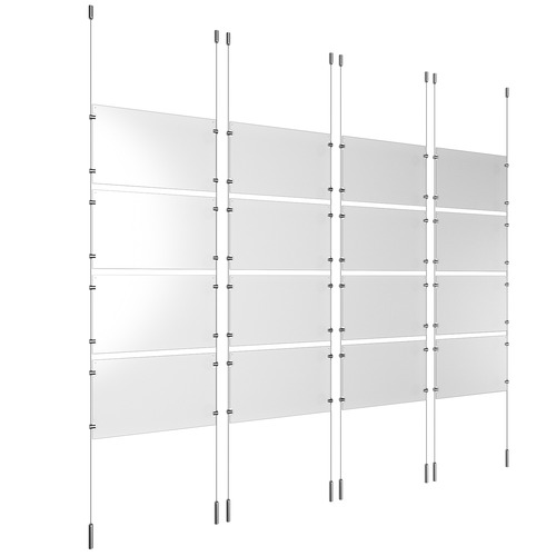 (16) 17'' Width x 11'' Height Clear Acrylic Frame & (8) Ceiling-to-Floor Stainless Steel Satin Brushed Cable Systems with (64) Single-Sided Panel Grippers