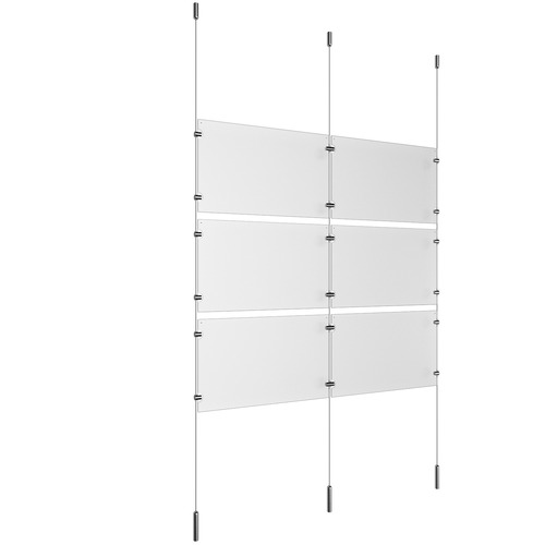 (6) 17'' Width x 11'' Height Clear Acrylic Frame & (3) Ceiling-to-Floor Stainless Steel Satin Brushed Cable Systems with (12) Single-Sided Panel Grippers (6) Double-Sided Panel Grippers