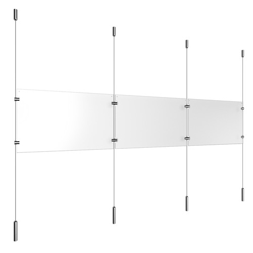 (3) 17'' Width x 11'' Height Clear Acrylic Frame & (4) Ceiling-to-Floor Stainless Steel Satin Brushed Cable Systems with (4) Single-Sided Panel Grippers (4) Double-Sided Panel Grippers