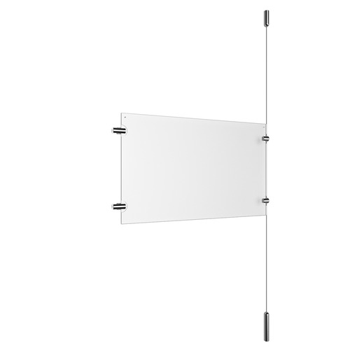 (1) 17'' Width x 11'' Height Clear Acrylic Frame & (1) Ceiling-to-Floor Stainless Steel Satin Brushed Cable Systems with (2) Single-Sided Panel Grippers (2) Double-Sided Panel Grippers
