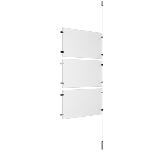 (3) 17'' Width x 11'' Height Clear Acrylic Frame & (1) Ceiling-to-Floor Stainless Steel Satin Brushed Cable Systems with (6) Single-Sided Panel Grippers (6) Double-Sided Panel Grippers