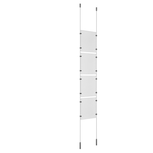 (4) 8-1/2'' Width x 11'' Height Clear Acrylic Frame & (2) Ceiling-to-Floor Stainless Steel Satin Brushed Cable Systems with (16) Single-Sided Panel Grippers