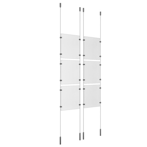 (6) 8-1/2'' Width x 11'' Height Clear Acrylic Frame & (4) Ceiling-to-Floor Stainless Steel Satin Brushed Cable Systems with (24) Single-Sided Panel Grippers