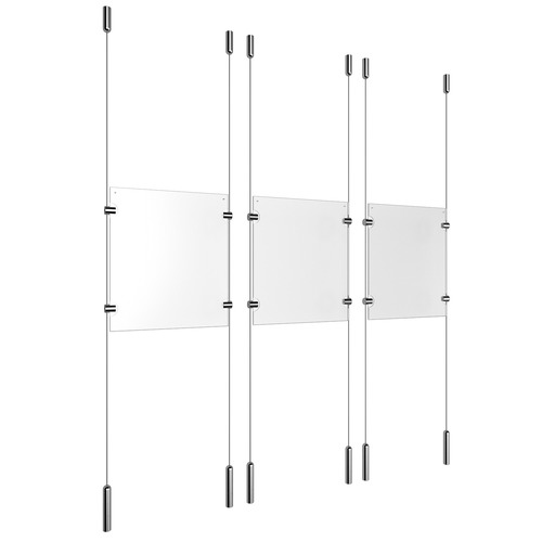 (3) 8-1/2'' Width x 11'' Height Clear Acrylic Frame & (6) Ceiling-to-Floor Stainless Steel Satin Brushed Cable Systems with (12) Single-Sided Panel Grippers