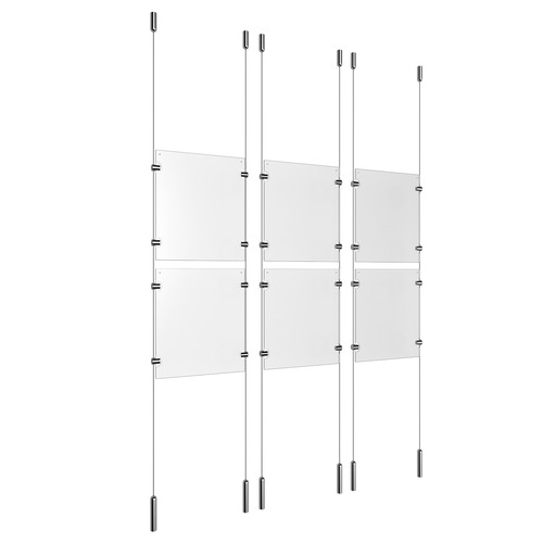 (6) 8-1/2'' Width x 11'' Height Clear Acrylic Frame & (6) Ceiling-to-Floor Stainless Steel Satin Brushed Cable Systems with (24) Single-Sided Panel Grippers