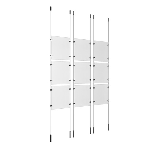 (9) 8-1/2'' Width x 11'' Height Clear Acrylic Frame & (6) Ceiling-to-Floor Stainless Steel Satin Brushed Cable Systems with (36) Single-Sided Panel Grippers