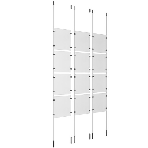 (12) 8-1/2'' Width x 11'' Height Clear Acrylic Frame & (6) Ceiling-to-Floor Stainless Steel Satin Brushed Cable Systems with (48) Single-Sided Panel Grippers