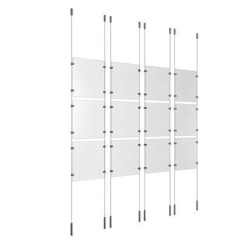 (12) 8-1/2'' Width x 11'' Height Clear Acrylic Frame & (8) Ceiling-to-Floor Stainless Steel Satin Brushed Cable Systems with (48) Single-Sided Panel Grippers