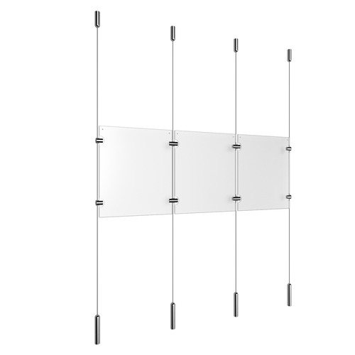 (3) 8-1/2'' Width x 11'' Height Clear Acrylic Frame & (4) Ceiling-to-Floor Stainless Steel Satin Brushed Cable Systems with (4) Single-Sided Panel Grippers (4) Double-Sided Panel Grippers