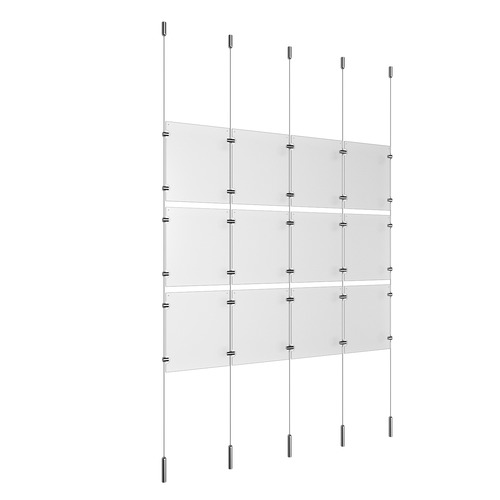 (12) 8-1/2'' Width x 11'' Height Clear Acrylic Frame & (5) Ceiling-to-Floor Stainless Steel Satin Brushed Cable Systems with (12) Single-Sided Panel Grippers (18) Double-Sided Panel Grippers