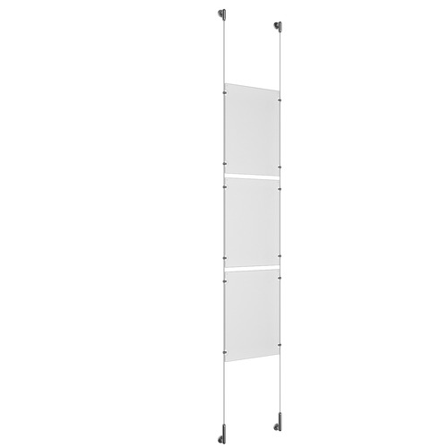 (3) 11'' Width x 17'' Height Clear Acrylic Frame & (2) Wall-to-Wall Stainless Steel Satin Brushed Cable Systems with (12) Single-Sided Panel Grippers