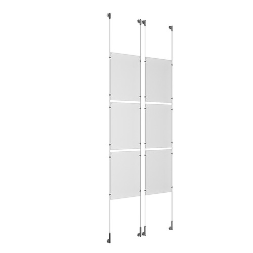 (6) 11'' Width x 17'' Height Clear Acrylic Frame & (4) Wall-to-Wall Stainless Steel Satin Brushed Cable Systems with (24) Single-Sided Panel Grippers
