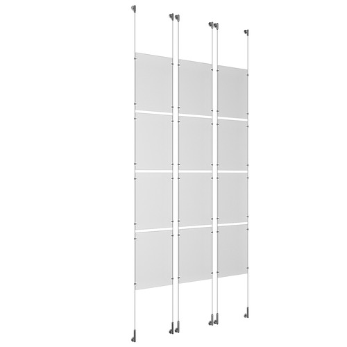 (12) 11'' Width x 17'' Height Clear Acrylic Frame & (6) Wall-to-Wall Stainless Steel Satin Brushed Cable Systems with (48) Single-Sided Panel Grippers