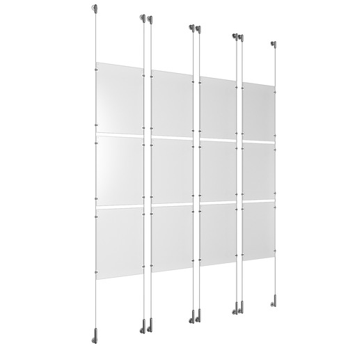 (12) 11'' Width x 17'' Height Clear Acrylic Frame & (8) Wall-to-Wall Stainless Steel Satin Brushed Cable Systems with (48) Single-Sided Panel Grippers