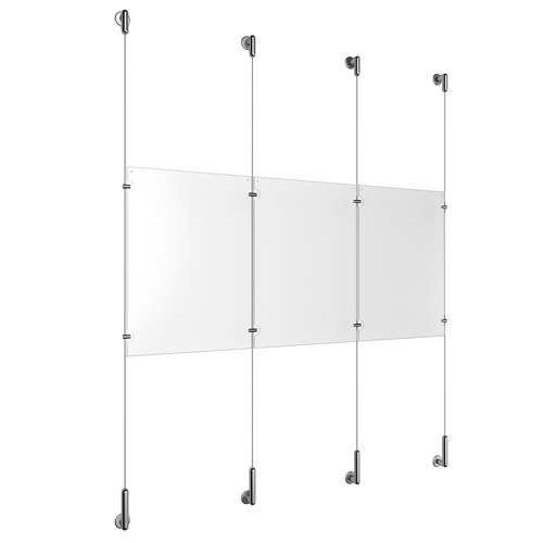 (3) 11'' Width x 17'' Height Clear Acrylic Frame & (4) Wall-to-Wall Stainless Steel Satin Brushed Cable Systems with (4) Single-Sided Panel Grippers (4) Double-Sided Panel Grippers
