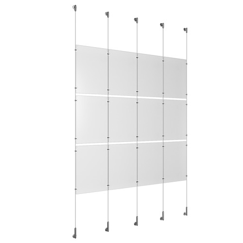 (12) 11'' Width x 17'' Height Clear Acrylic Frame & (5) Wall-to-Wall Stainless Steel Satin Brushed Cable Systems with (12) Single-Sided Panel Grippers (18) Double-Sided Panel Grippers
