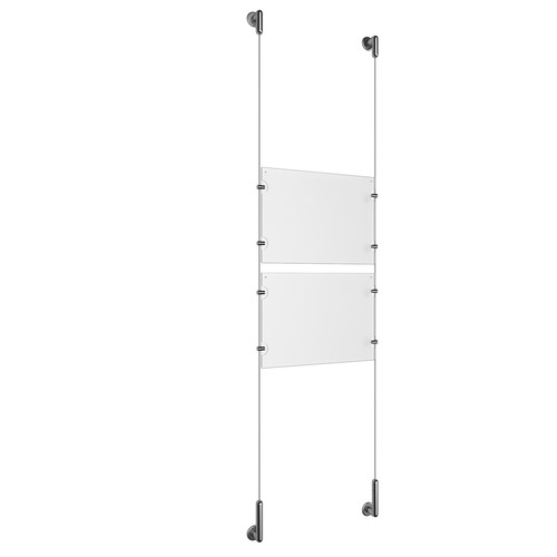 (2) 11'' Width x 8-1/2'' Height Clear Acrylic Frame & (2) Wall-to-Wall Stainless Steel Satin Brushed Cable Systems with (8) Single-Sided Panel Grippers