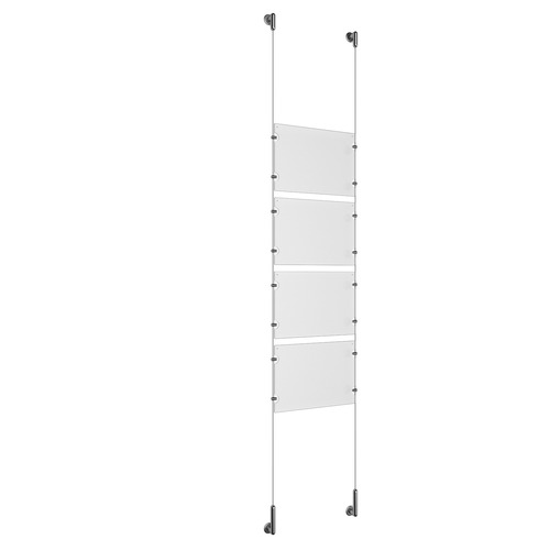(4) 11'' Width x 8-1/2'' Height Clear Acrylic Frame & (2) Wall-to-Wall Stainless Steel Satin Brushed Cable Systems with (16) Single-Sided Panel Grippers