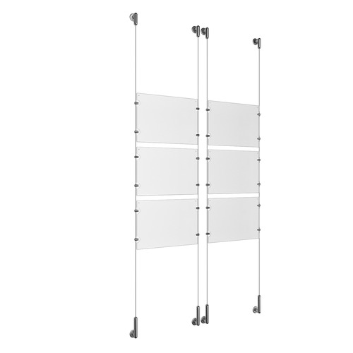 (6) 11'' Width x 8-1/2'' Height Clear Acrylic Frame & (4) Wall-to-Wall Stainless Steel Satin Brushed Cable Systems with (24) Single-Sided Panel Grippers