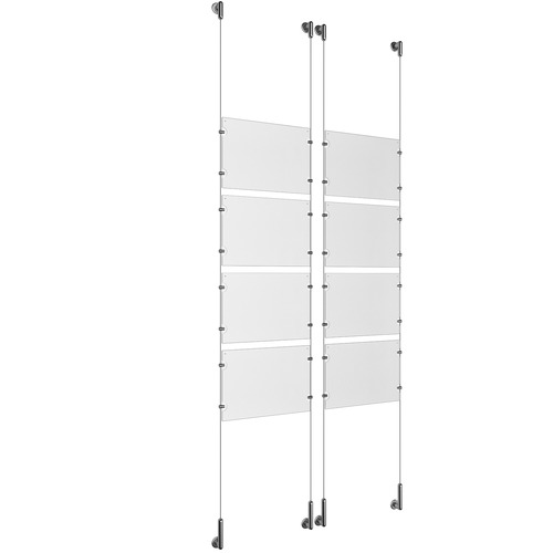 (8) 11'' Width x 8-1/2'' Height Clear Acrylic Frame & (4) Wall-to-Wall Stainless Steel Satin Brushed Cable Systems with (32) Single-Sided Panel Grippers