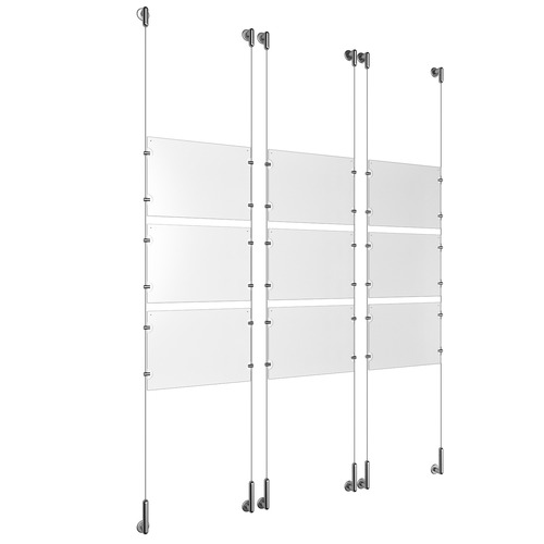 (9) 11'' Width x 8-1/2'' Height Clear Acrylic Frame & (6) Wall-to-Wall Stainless Steel Satin Brushed Cable Systems with (36) Single-Sided Panel Grippers