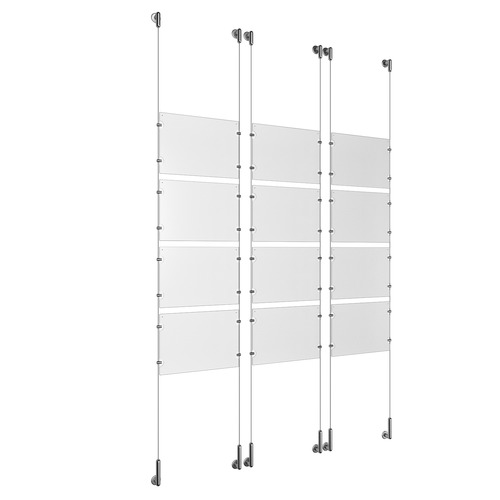 (12) 11'' Width x 8-1/2'' Height Clear Acrylic Frame & (6) Wall-to-Wall Stainless Steel Satin Brushed Cable Systems with (48) Single-Sided Panel Grippers