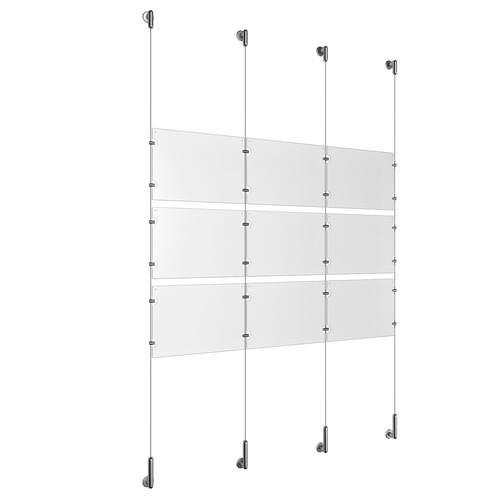 (9) 11'' Width x 8-1/2'' Height Clear Acrylic Frame & (4) Wall-to-Wall Stainless Steel Satin Brushed Cable Systems with (12) Single-Sided Panel Grippers (12) Double-Sided Panel Grippers