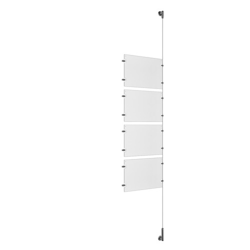 (4) 11'' Width x 8-1/2'' Height Clear Acrylic Frame & (1) Wall-to-Wall Stainless Steel Satin Brushed Cable Systems with (8) Single-Sided Panel Grippers (8) Double-Sided Panel Grippers