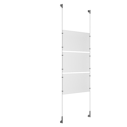 (3) 17'' Width x 11'' Height Clear Acrylic Frame & (2) Wall-to-Wall Stainless Steel Satin Brushed Cable Systems with (12) Single-Sided Panel Grippers