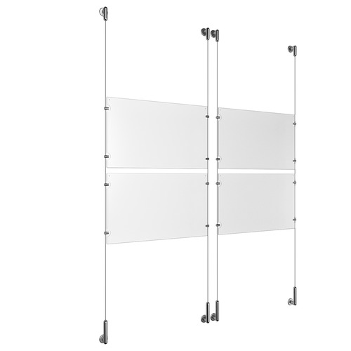 (4) 17'' Width x 11'' Height Clear Acrylic Frame & (4) Wall-to-Wall Stainless Steel Satin Brushed Cable Systems with (16) Single-Sided Panel Grippers