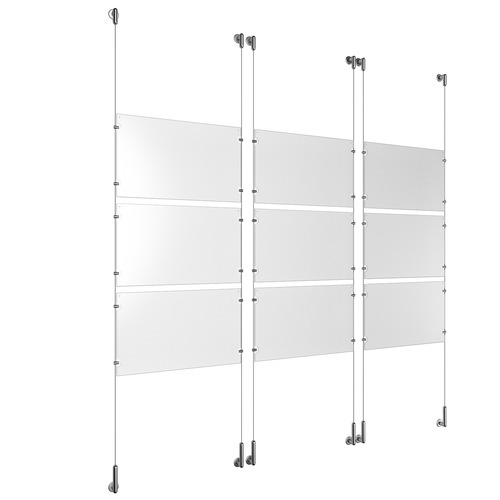(9) 17'' Width x 11'' Height Clear Acrylic Frame & (6) Wall-to-Wall Stainless Steel Satin Brushed Cable Systems with (36) Single-Sided Panel Grippers