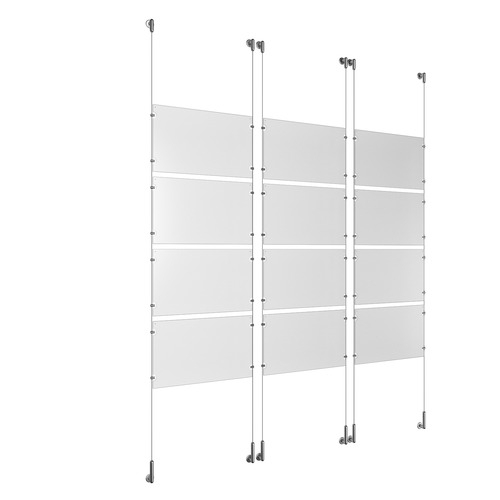(12) 17'' Width x 11'' Height Clear Acrylic Frame & (6) Wall-to-Wall Stainless Steel Satin Brushed Cable Systems with (48) Single-Sided Panel Grippers