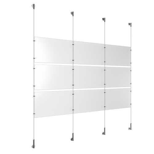 (9) 17'' Width x 11'' Height Clear Acrylic Frame & (4) Wall-to-Wall Stainless Steel Satin Brushed Cable Systems with (12) Single-Sided Panel Grippers (12) Double-Sided Panel Grippers