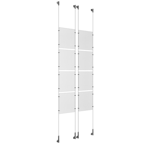 (8) 8-1/2'' Width x 11'' Height Clear Acrylic Frame & (4) Wall-to-Wall Stainless Steel Satin Brushed Cable Systems with (32) Single-Sided Panel Grippers