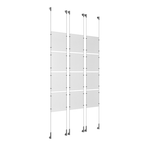 (12) 8-1/2'' Width x 11'' Height Clear Acrylic Frame & (6) Wall-to-Wall Stainless Steel Satin Brushed Cable Systems with (48) Single-Sided Panel Grippers