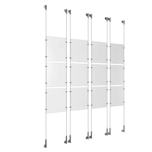 (12) 8-1/2'' Width x 11'' Height Clear Acrylic Frame & (8) Wall-to-Wall Stainless Steel Satin Brushed Cable Systems with (48) Single-Sided Panel Grippers