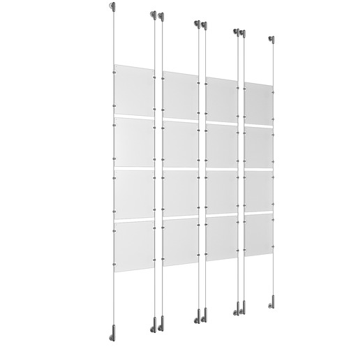 (16) 8-1/2'' Width x 11'' Height Clear Acrylic Frame & (8) Wall-to-Wall Stainless Steel Satin Brushed Cable Systems with (64) Single-Sided Panel Grippers