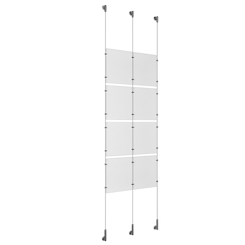 (8) 8-1/2'' Width x 11'' Height Clear Acrylic Frame & (3) Wall-to-Wall Stainless Steel Satin Brushed Cable Systems with (16) Single-Sided Panel Grippers (8) Double-Sided Panel Grippers