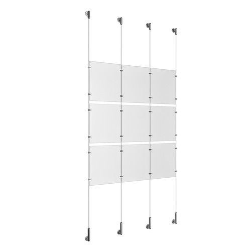 (9) 8-1/2'' Width x 11'' Height Clear Acrylic Frame & (4) Wall-to-Wall Stainless Steel Satin Brushed Cable Systems with (12) Single-Sided Panel Grippers (12) Double-Sided Panel Grippers